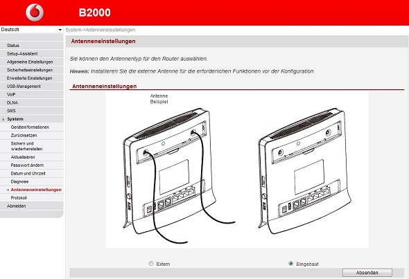 Menü für externe Antenne B2000 Router Antenne für B2000
