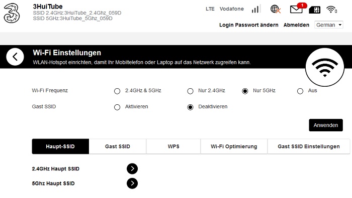 WLAN Einstellungen am Hui Tube